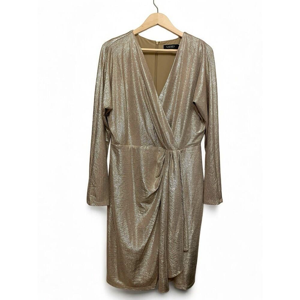 Lauren Ralph Lauren Metallic Gold Faux-Wrap Midi Dress
